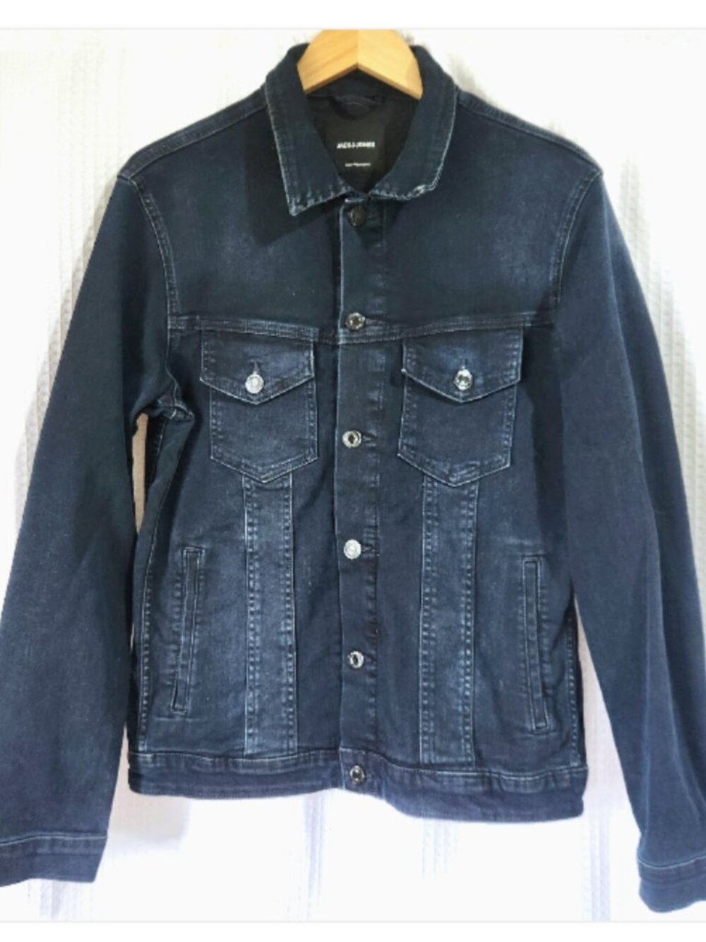 Jack & Jones Denim Jacket Mens Large Dark Wash Blue Stretch Trucker Jean Coat